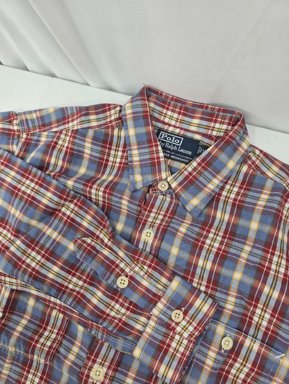 NWT Vintage Polo Ralph Lauren Dungaree Work Shirt Flannel Red Blue Plaid Men's M